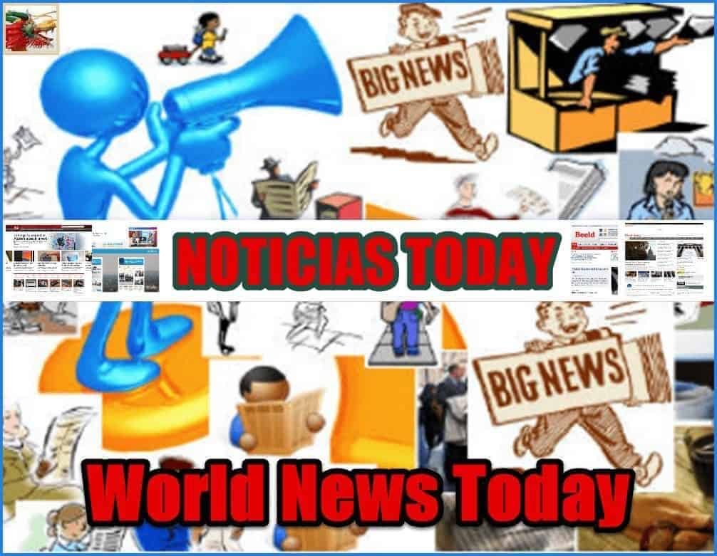 The image shows the website logo, which has a rectangular background of small images related to the broadcast of news, and a sign indicating the name of the site. World News Today – Breaking News Today